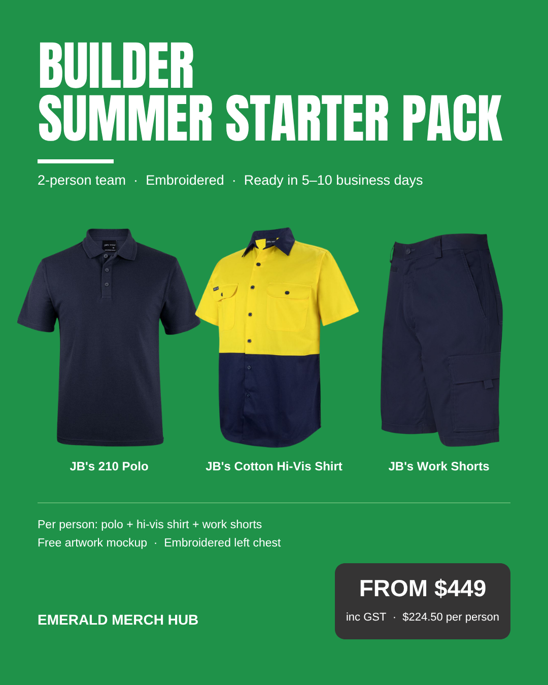 Two-Person Builder Summer Starter Package – JB's 210 navy polo, cotton hi-vis shirt and navy work shorts, embroidered, from $449 inc GST