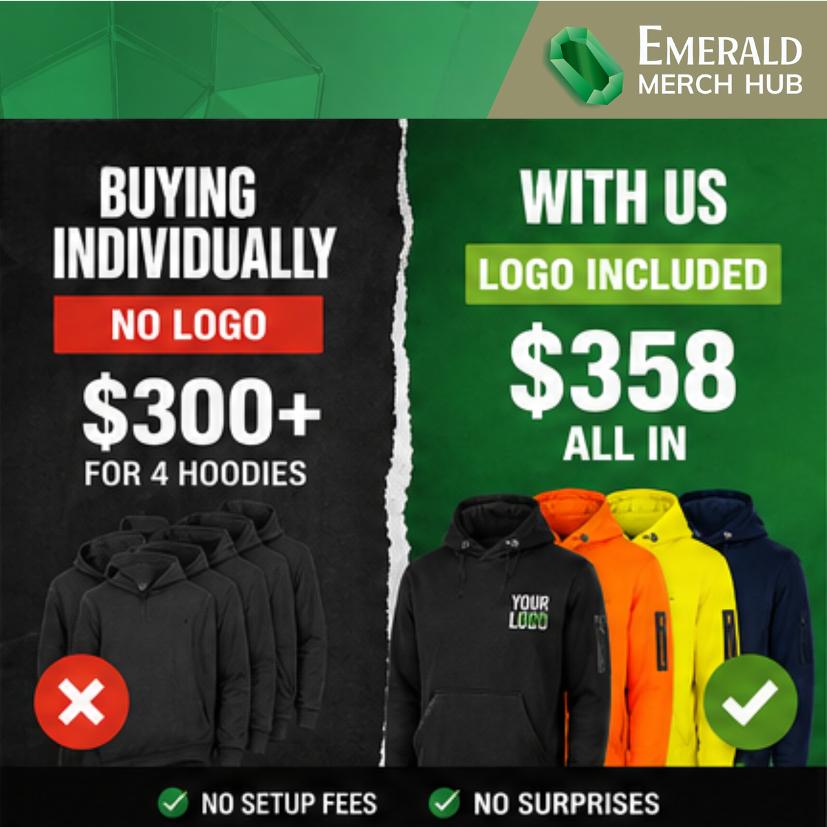 Stop Overpaying for Unbranded Workwear
Sub:
Get 4 custom embroidered hoodies for one simple price.