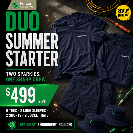 Flat lay of the Two-Person Electrician Summer Starter Package: 6 T-shirts, 2 long sleeves, 2 work shorts and 2 bucket hats with left-chest embroidery, $499 inc GST