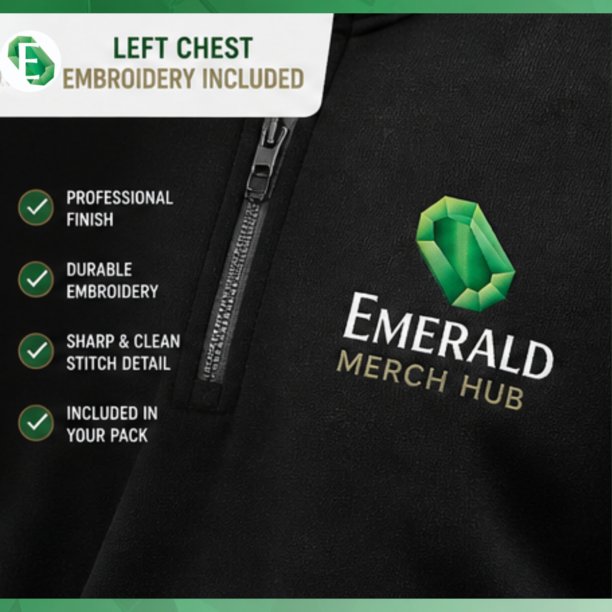 Close up embroidery logo on premium hoodie by Emerald Merch Hub