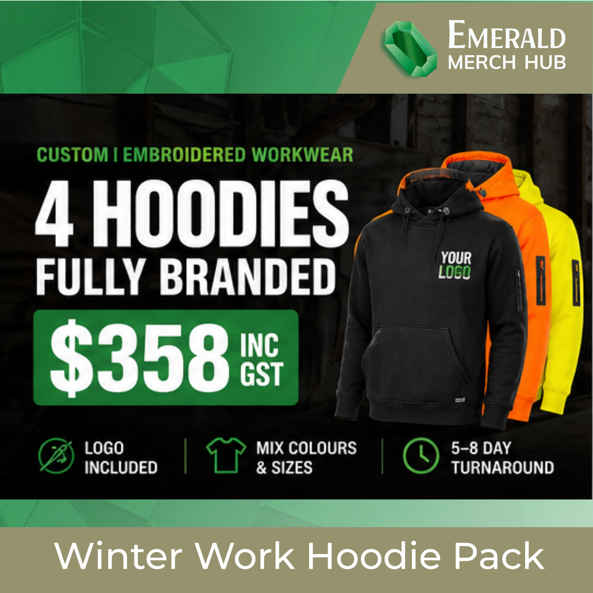 4 Custom Branded Hoodies – Ready in 5–8 Days
Get your team looking professional on-site with premium embroidered workwear hoodies.
No setup fees. No delays. Just upload your logo.
💰 $358 inc GST – ALL INCLUDED
✔ 4 Hoodies
✔ Logo Setup
✔ Embroidered Left Chest
✔ Mix Colours & Sizes
👉 Built for Aussie tradies. Delivered fast from Sydney.