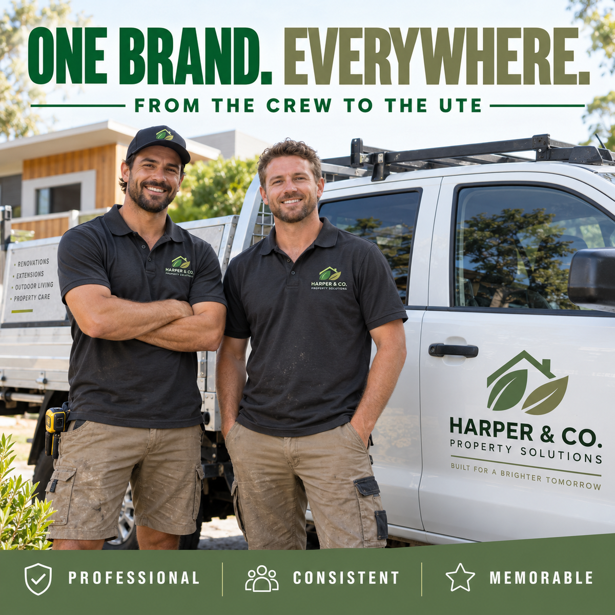 Two tradesmen in matching Harper & Co. Property Solutions branded polo shirts standing beside a ute with the same logo decal on the door, illustrating consistent one-brand-everywhere branding from crew uniforms to vehicle