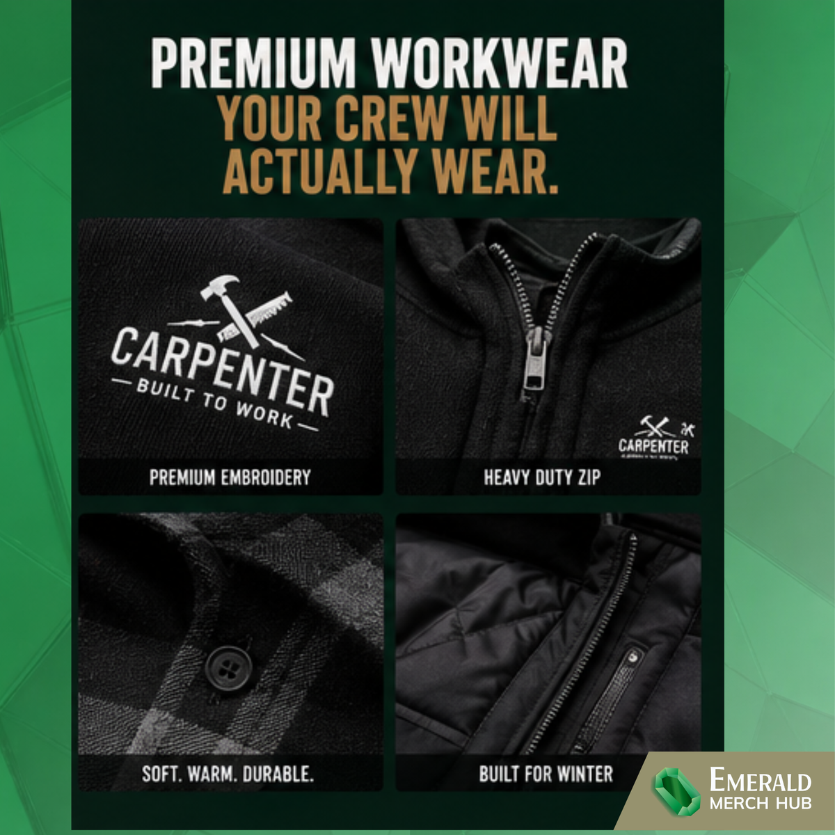Close-up of premium custom embroidery on carpenter workwear showing professional left chest logo stitching on tradie uniform apparel