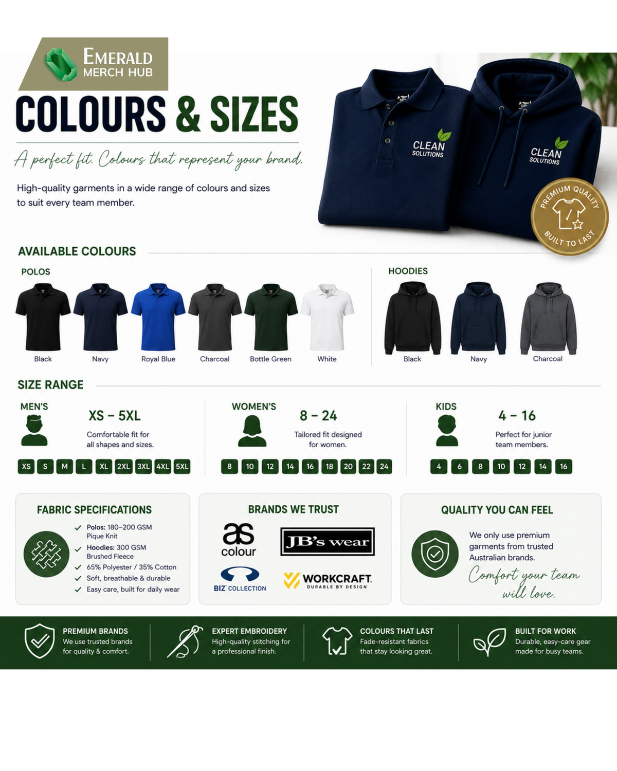 Available garment colours for Emerald Merch Hub cleaning company uniform packages