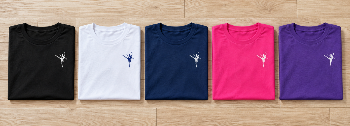Dance studio concert t-shirts in five colours including black, white, navy, hot pink and purple