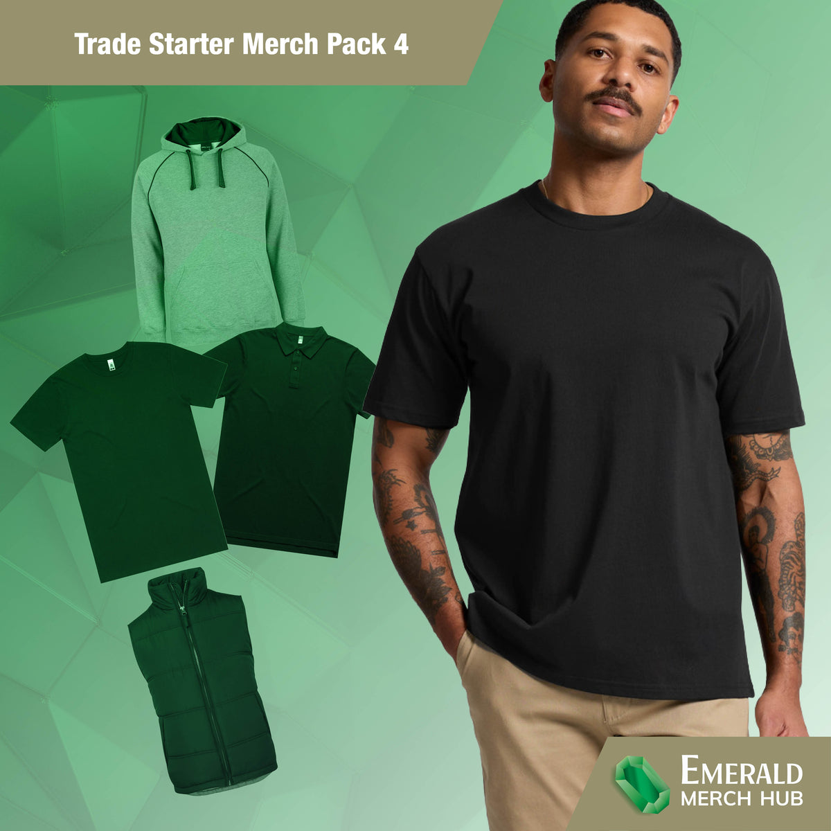 Custom branded trade workwear bundle Australia featuring black t-shirt, hoodie, polo and puffer vest by Emerald Merch Hub