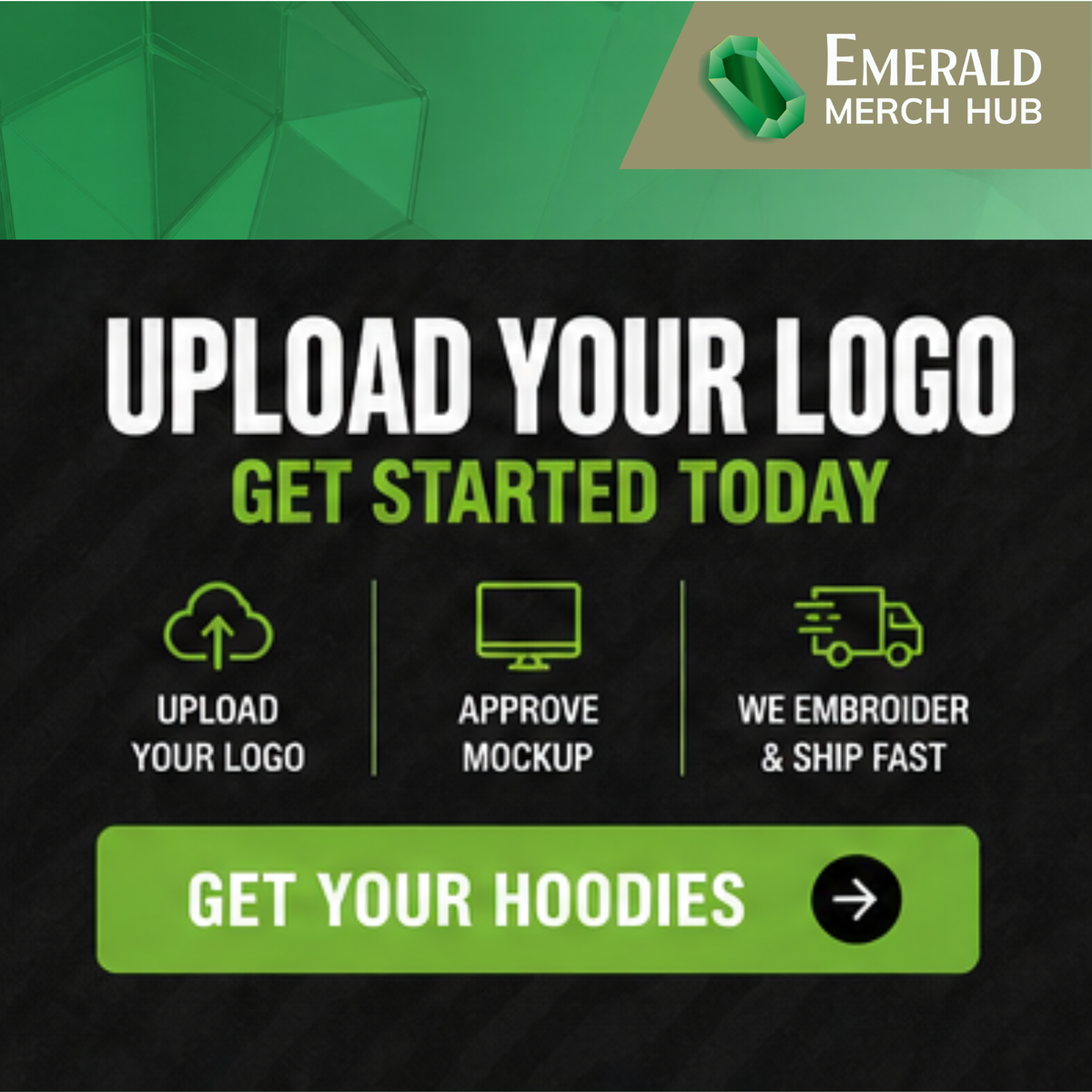 Steps:
Upload Logo → Approve Mockup → We Produce & Ship