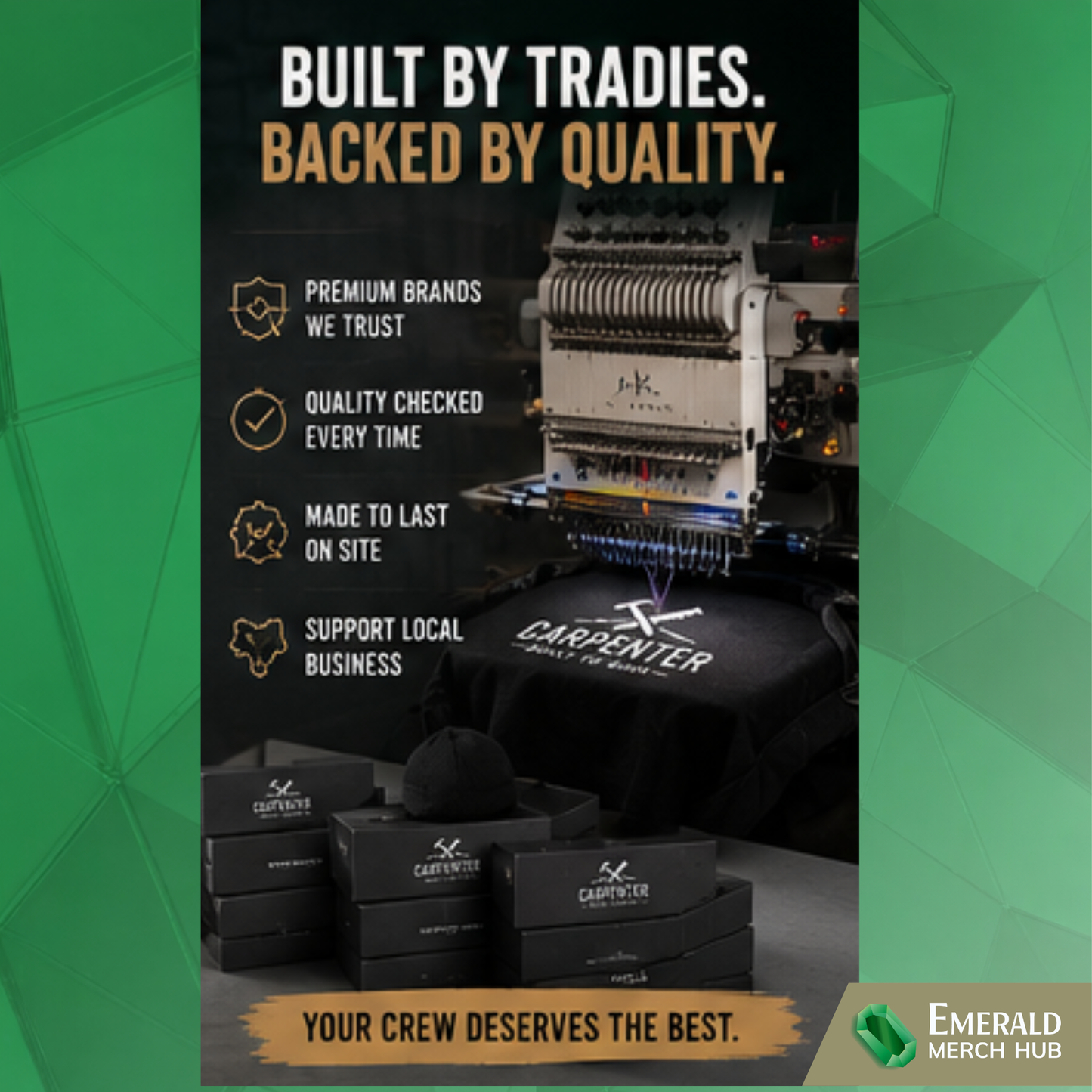 Professional embroidered tradie uniforms being prepared and packed for Australian carpenters and construction crews
