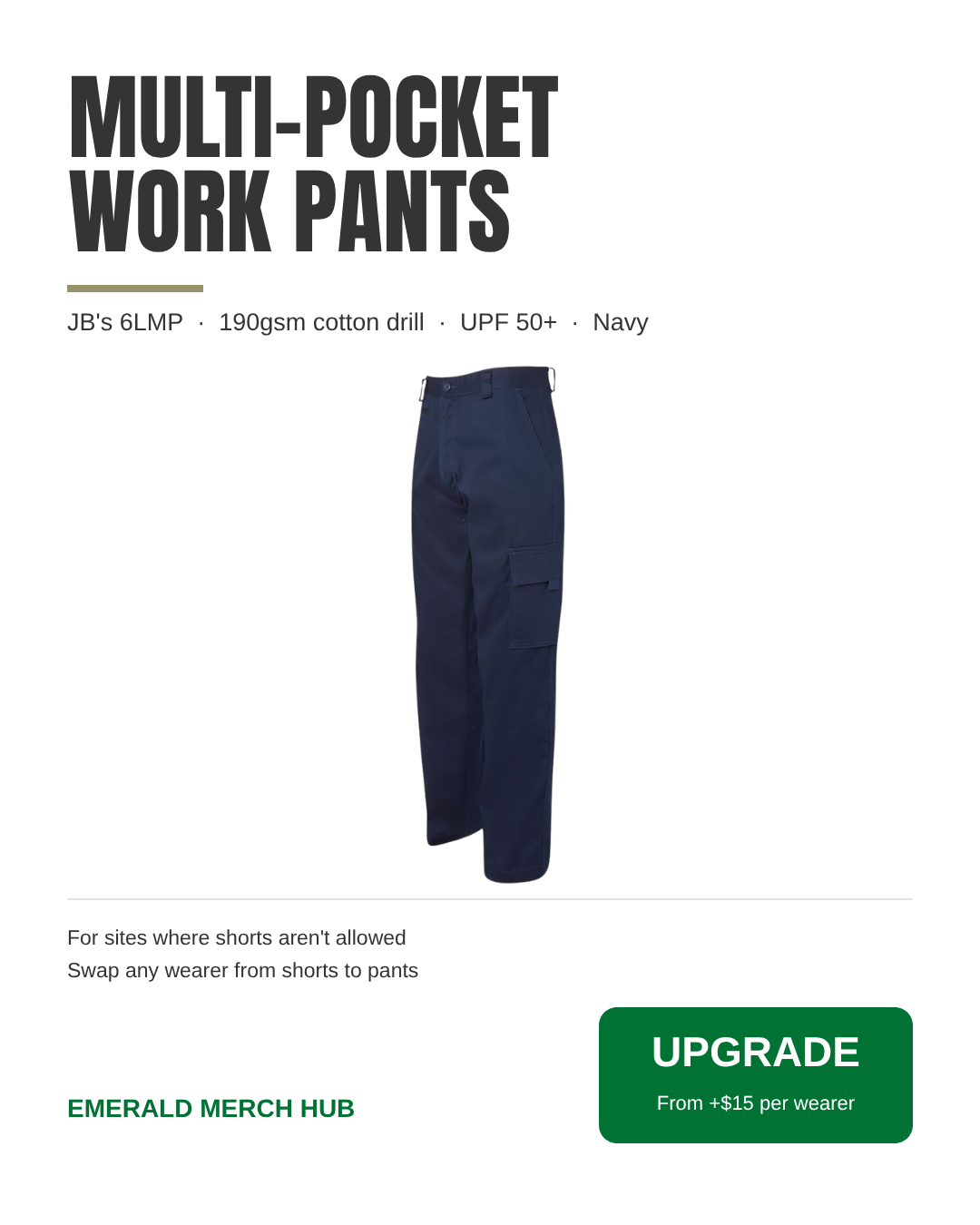 Item: JB's 6LMP – navy multi-pocket full-length work pants, upgrade option