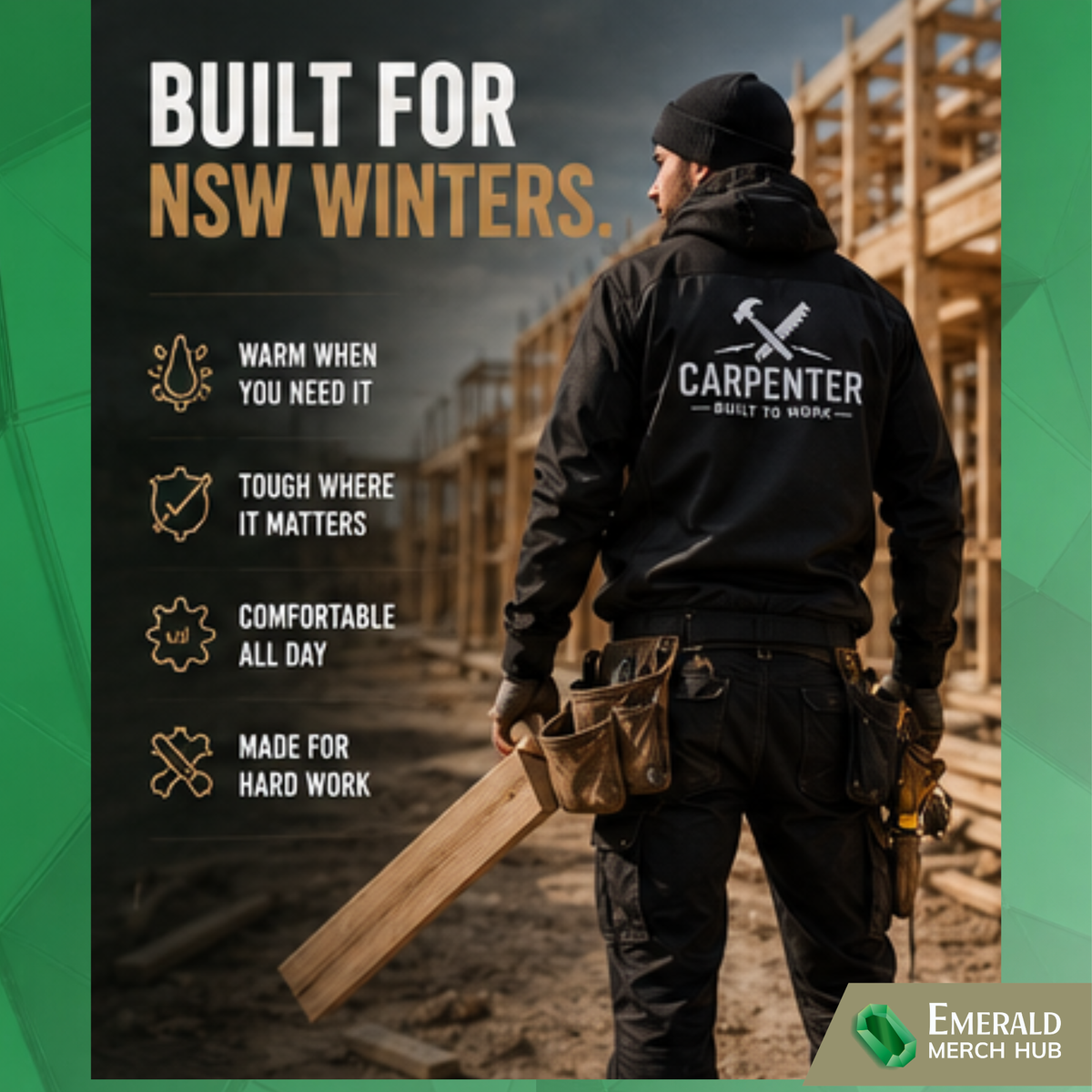 Residential carpenter wearing premium winter workwear on Australian construction site during cold weather conditions