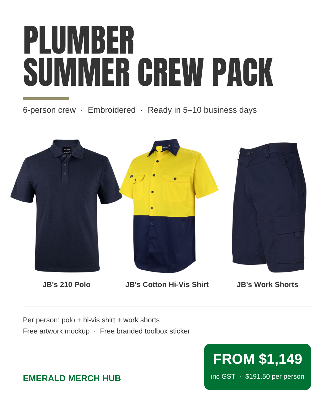 Six-Person Plumber Summer Crew Package – JB's 210 navy polo, JB's cotton hi-vis shirt and navy work shorts, embroidered, from $1,149 inc GST