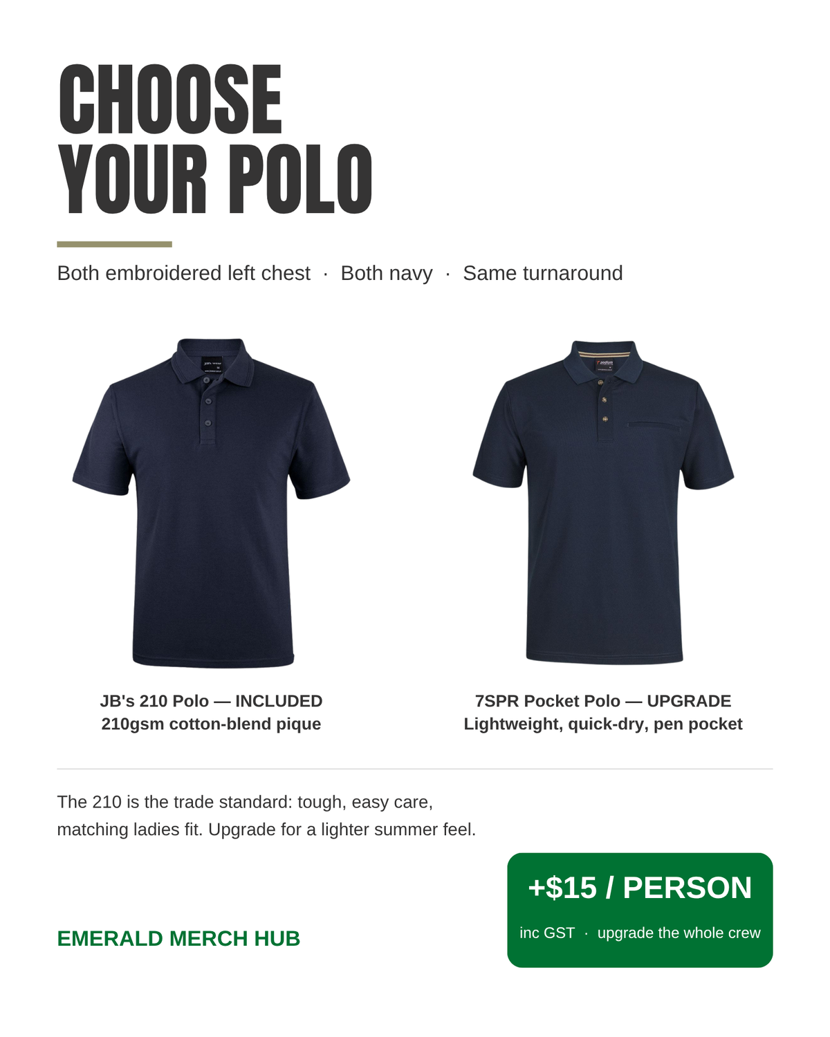 Item: Podium 7SPR – polo options: JB's 210 polo included or upgrade to the Podium 7SPR lightweight pocket polo for +$15 per person