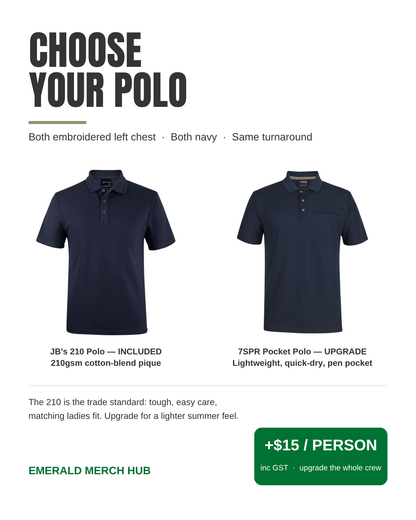Item: Podium 7SPR – polo options: JB's 210 polo included or upgrade to the Podium 7SPR lightweight pocket polo for +$15 per person