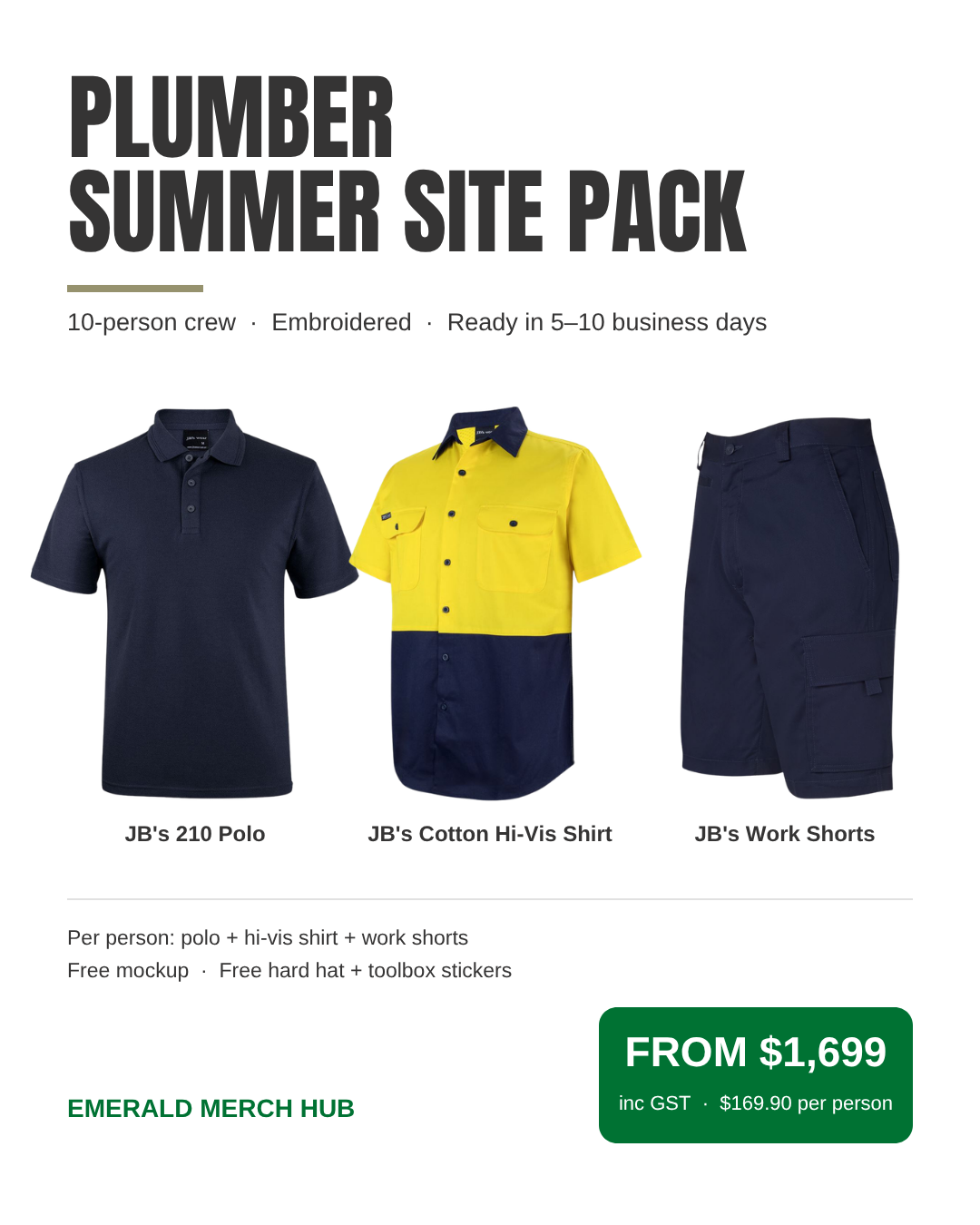 Ten-Person Plumber Summer Site Package – JB's 210 navy polo, cotton hi-vis shirt and navy work shorts, embroidered, from $1,699 inc GST