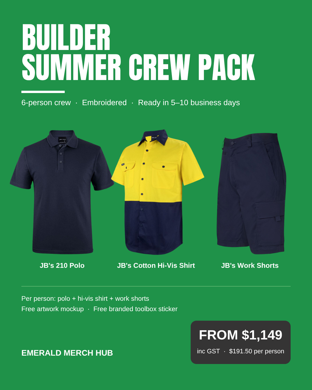 Six-Person Builder Summer Crew Package – JB's 210 navy polo, cotton hi-vis shirt and navy work shorts, embroidered, from $1,149 inc GST