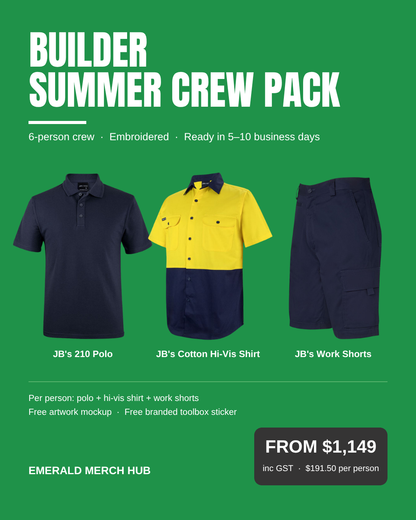Six-Person Builder Summer Crew Package – JB's 210 navy polo, cotton hi-vis shirt and navy work shorts, embroidered, from $1,149 inc GST
