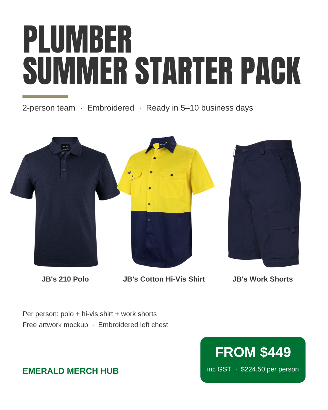 Two-Person Plumber Summer Starter Package – JB's 210 navy polo, cotton hi-vis shirt and navy work shorts, embroidered, from $449 inc GST