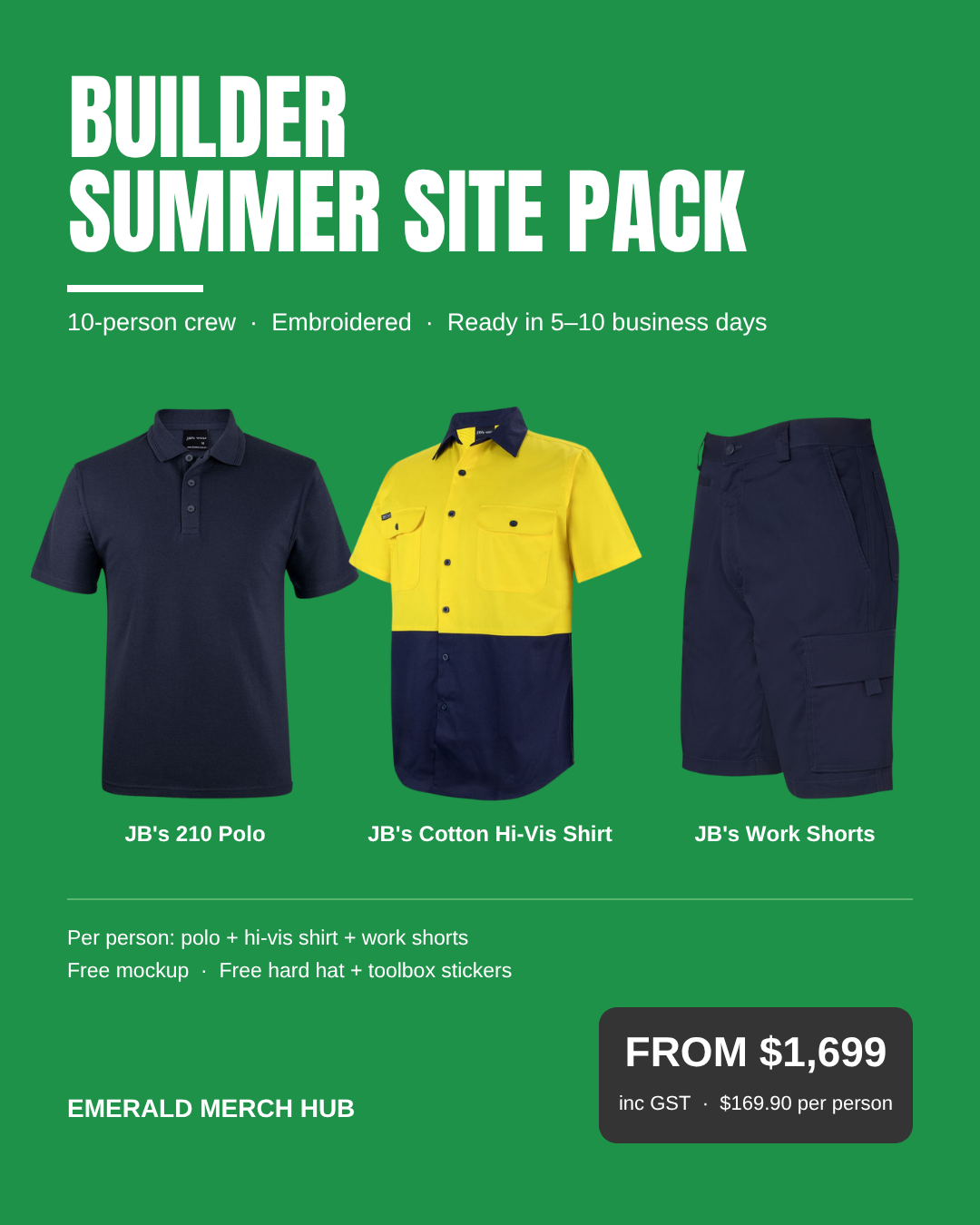 Ten-Person Builder Summer Site Package – JB's 210 navy polo, cotton hi-vis shirt and navy work shorts, embroidered, from $1,699 inc GST
