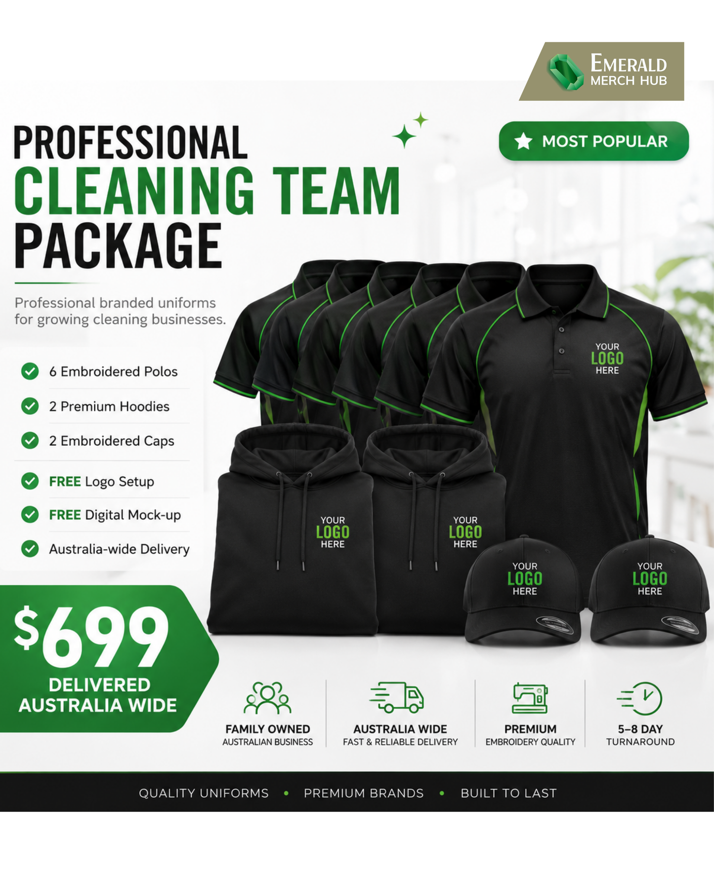 Professional Cleaning Team Package - 6 embroidered polos, 2 premium hoodies and 2 embroidered caps for Sydney cleaning businesses, $699