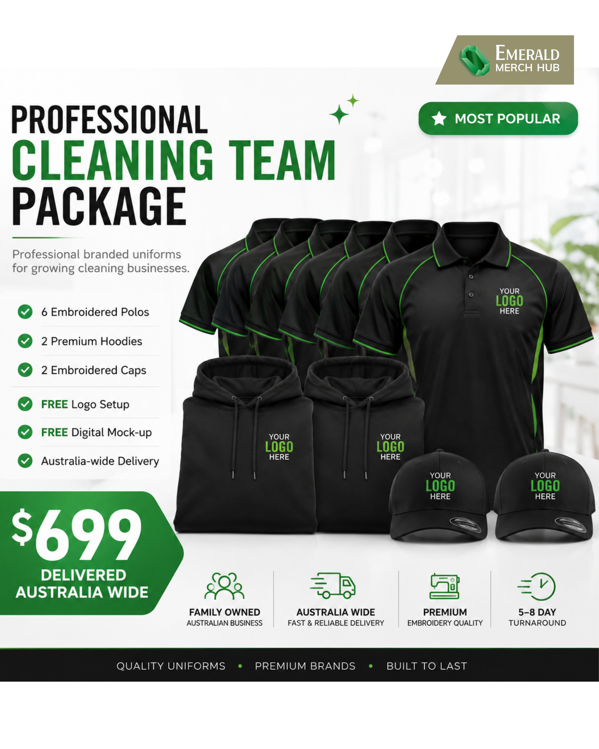 Professional Cleaning Team Package - 6 embroidered polos, 2 premium hoodies and 2 embroidered caps for Sydney cleaning businesses, $699