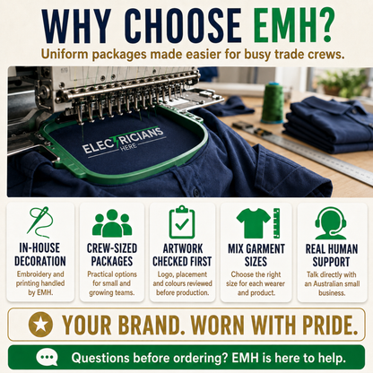 Why choose Emerald Merch Hub: in-house embroidery decoration, crew-sized packages, artwork checked before production and real human support
