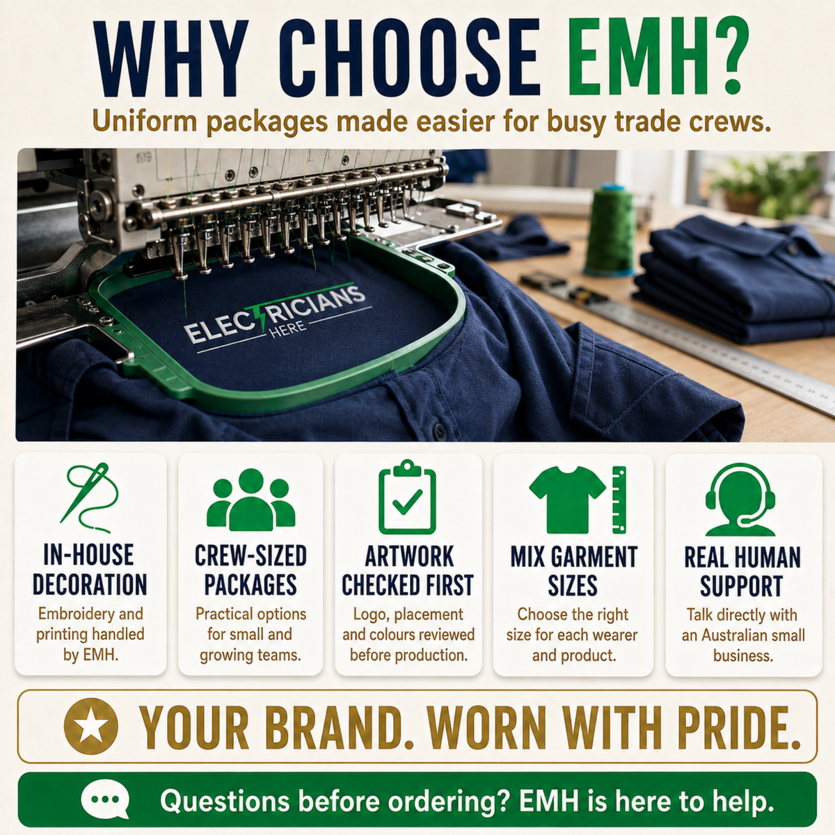 Why choose Emerald Merch Hub: in-house embroidery decoration, crew-sized packages, artwork checked before production and real human support