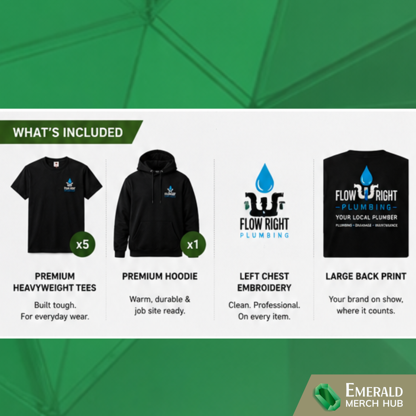 Heavyweight black plumbing workwear tees with custom business logo printing