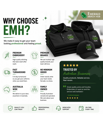 Why choose Emerald Merch Hub - premium embroidery, premium brands, fast turnaround, no minimum order, Australia-wide delivery, family owned