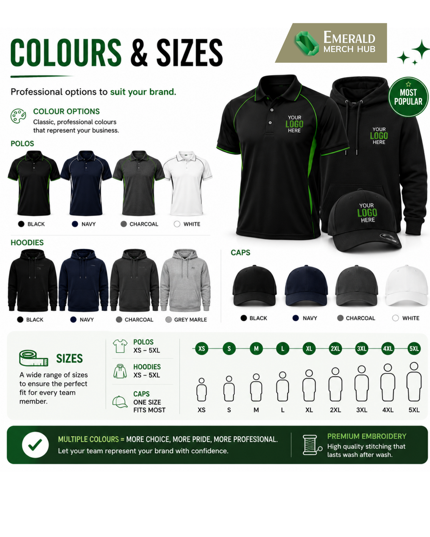 Cleaning uniform colour and size options - polos, hoodies and caps in black, navy, charcoal, white and grey marle, sizes XS to 5XL