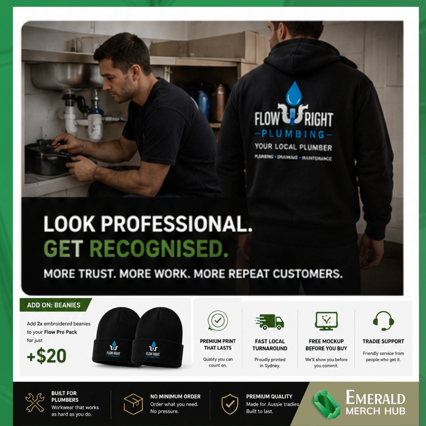 Custom embroidered plumber beanies for winter trade workwear in Australia
Professional plumber wearing branded custom workwear on residential job site