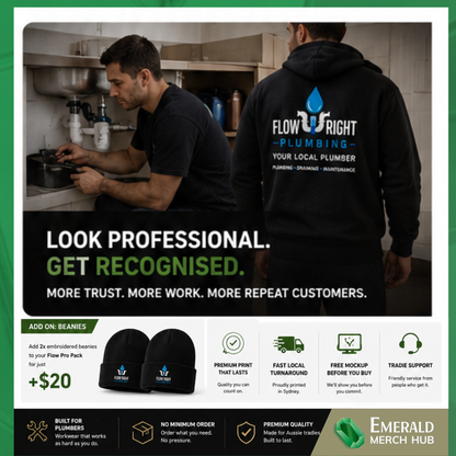 Custom embroidered plumber beanies for winter trade workwear in Australia
Professional plumber wearing branded custom workwear on residential job site