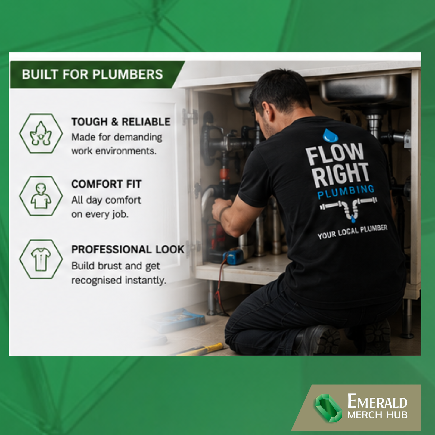 Professional plumber wearing custom branded plumbing workwear on residential job site