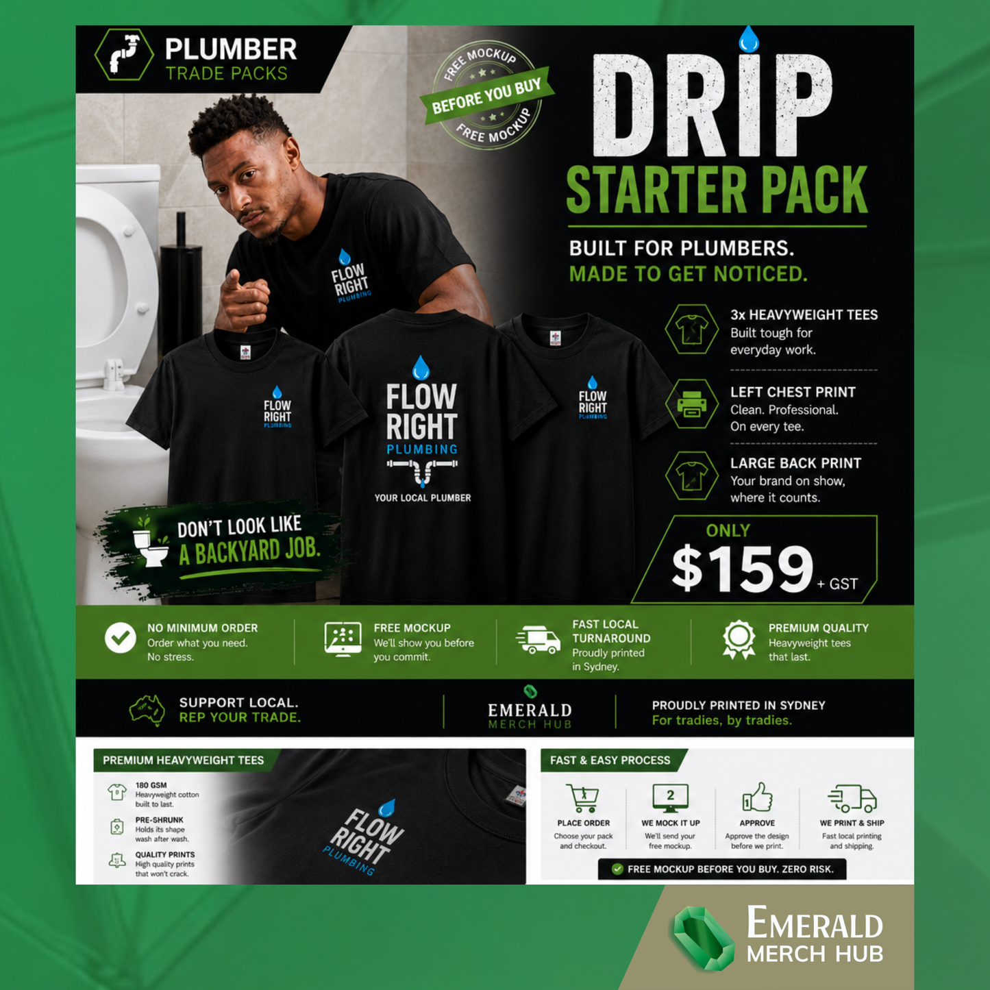 Premium black plumber workwear shirts with custom logo printing for Australian trade businesses