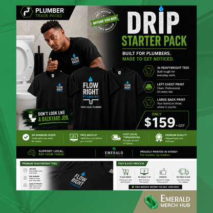 Premium black plumber workwear shirts with custom logo printing for Australian trade businesses