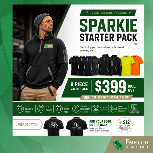 Electricians custom workwear starter pack with embroidered polos hoodies and hi vis shirts Australia