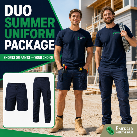 Two electricians in navy branded T-shirts on a building site choosing between work shorts and full-length trousers — Electrician Summer Uniform Package