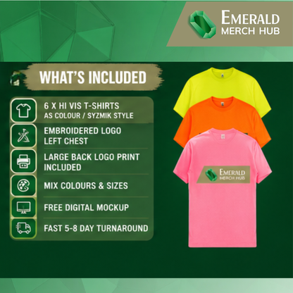 Custom Hi Vis Workwear T-Shirts – 6 Pack | Embroidered Logo + Back Print | Sydney Fast Turnaround (5–8 Days)