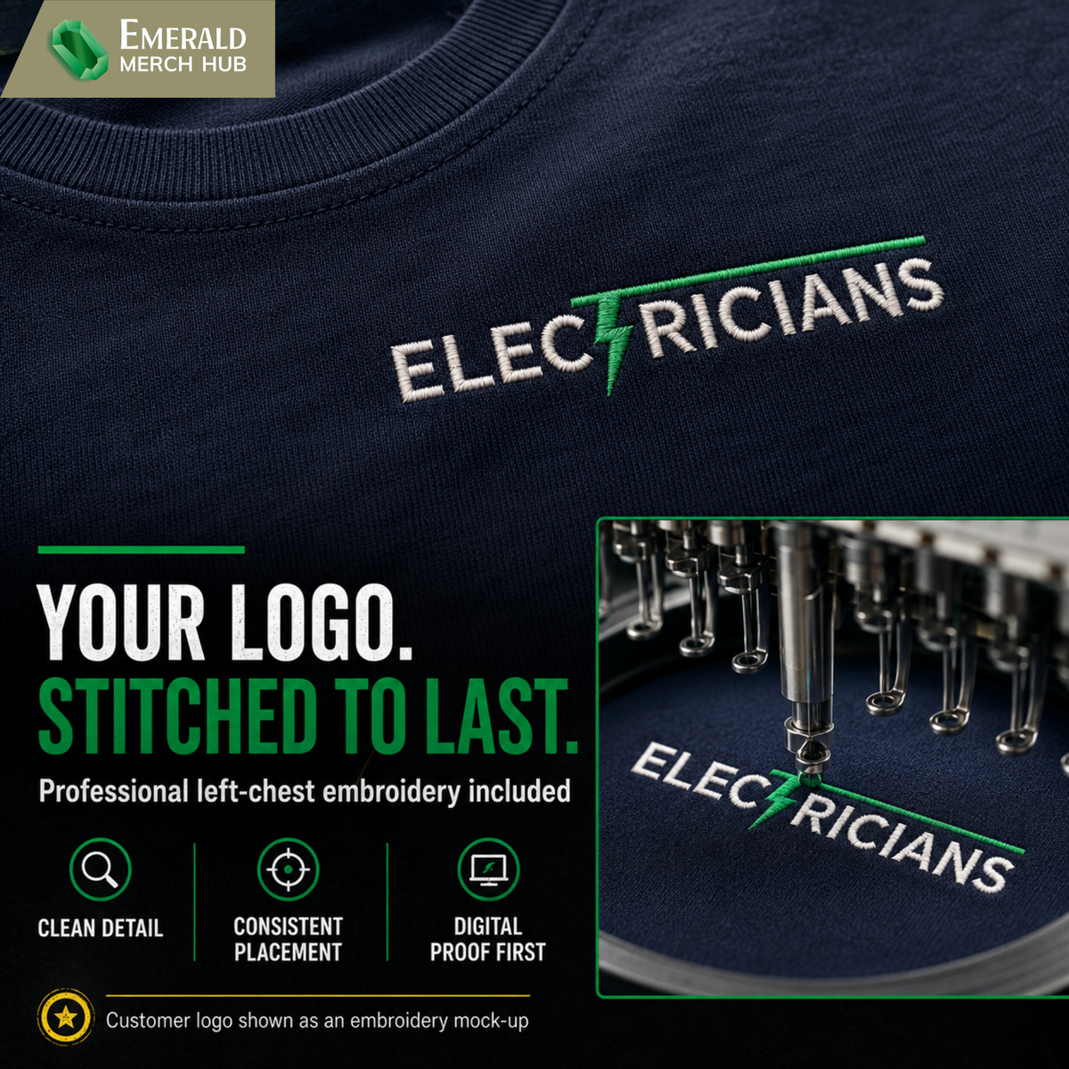 Close-up of left-chest logo embroidery on a navy T-shirt with an embroidery machine stitching the design, Emerald Merch Hub branded workwear
