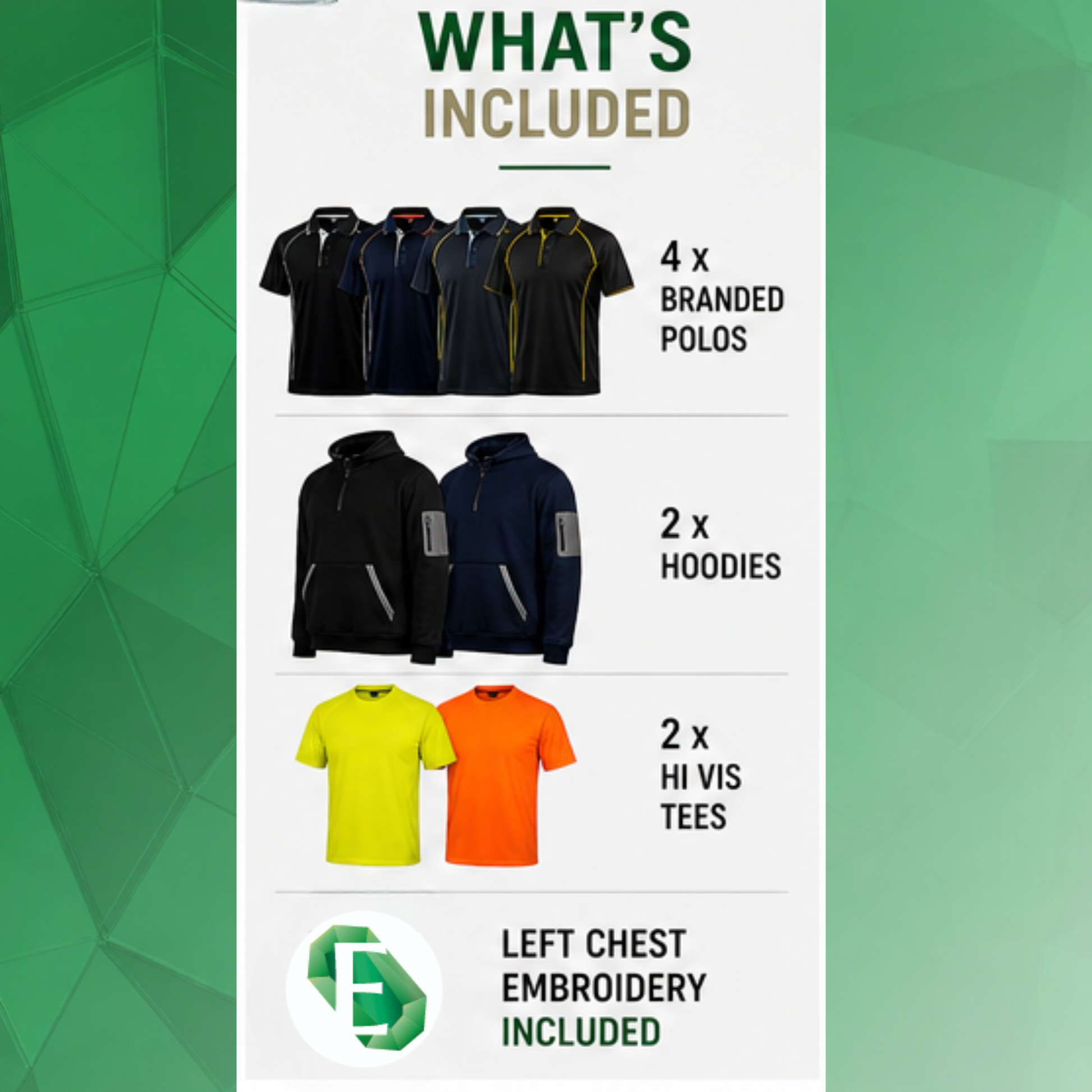 What is included in electricians workwear pack branded polos hoodies hi vis tees