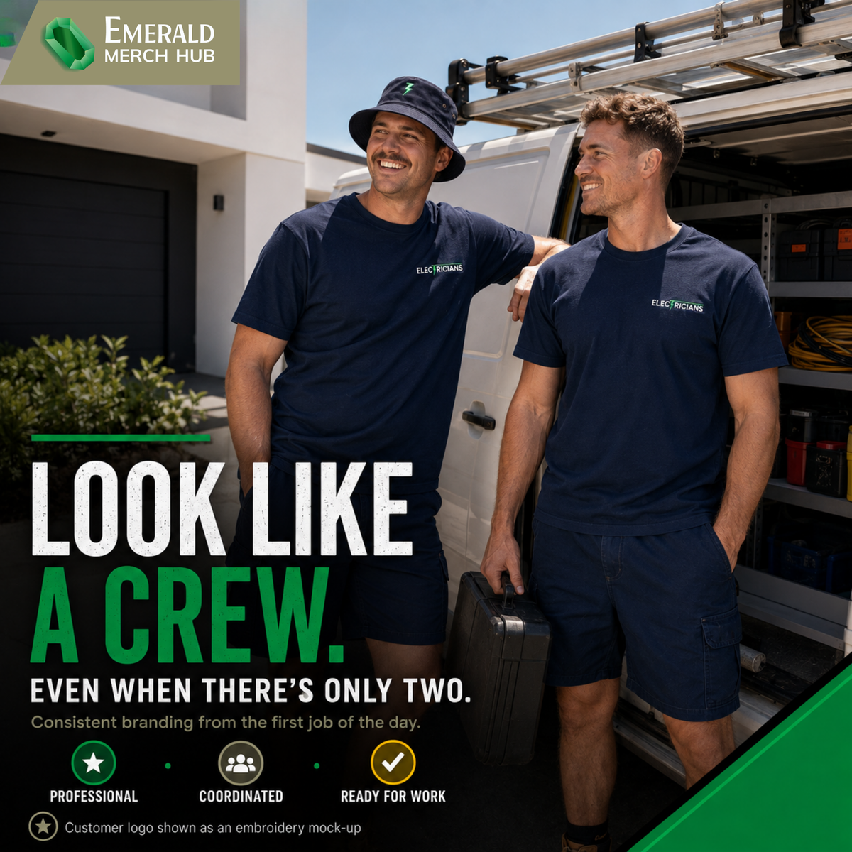 Two tradies in matching navy branded T-shirts and bucket hats by a work van, a professional two-person electrician uniform crew