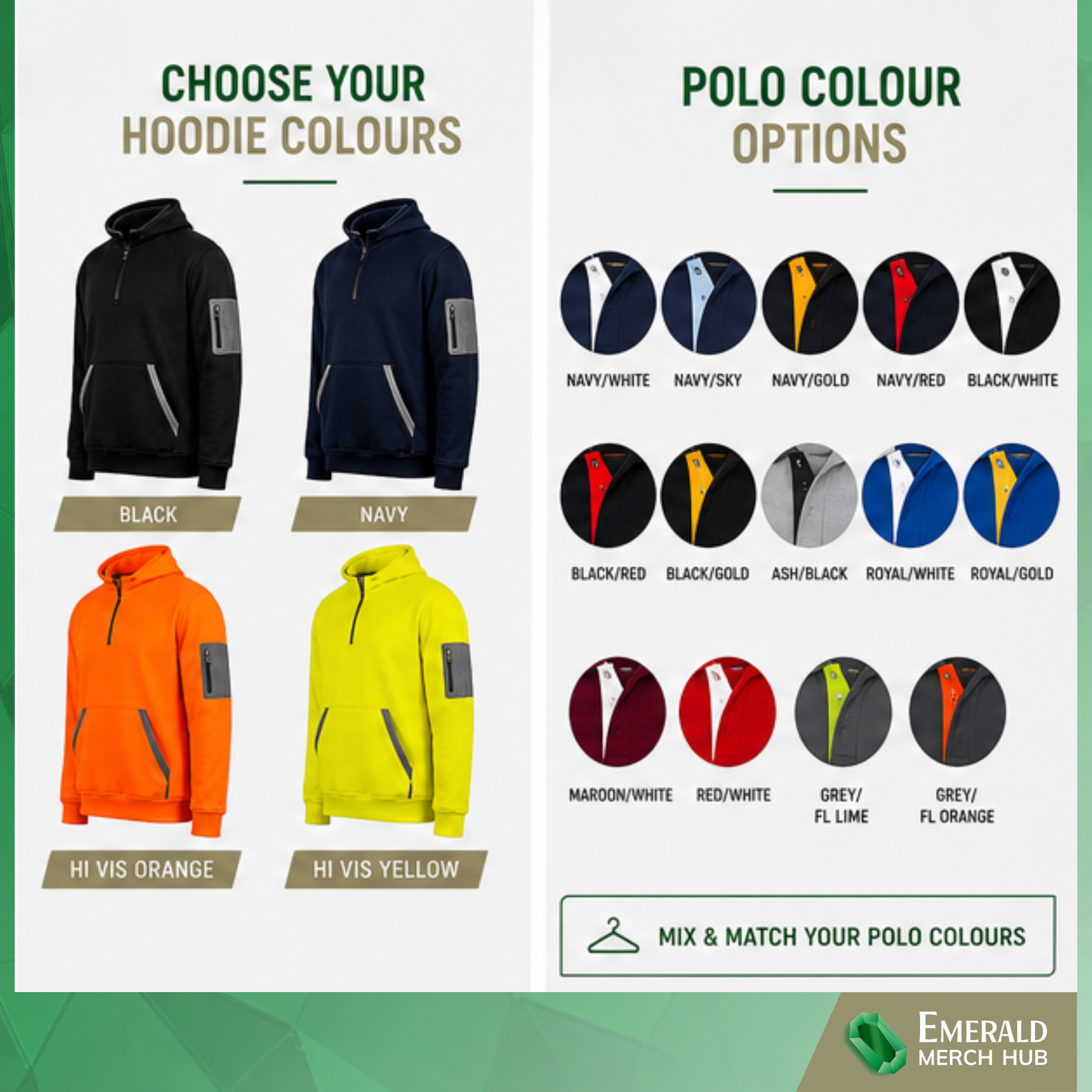 Custom hoodie colour options for electricians uniform bundle black navy orange yellow
Polo shirt colour options for custom trade uniforms Australia