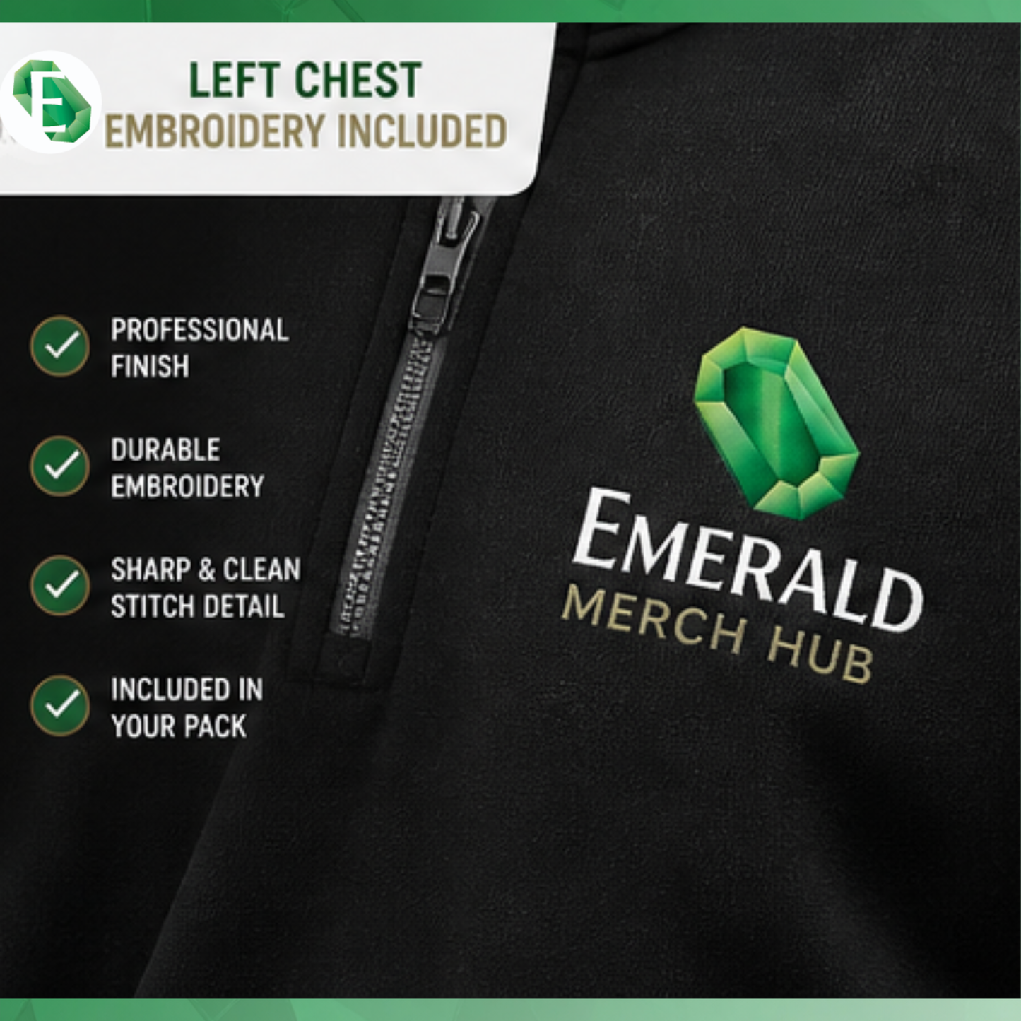 Close up embroidery logo on premium hoodie by Emerald Merch Hub