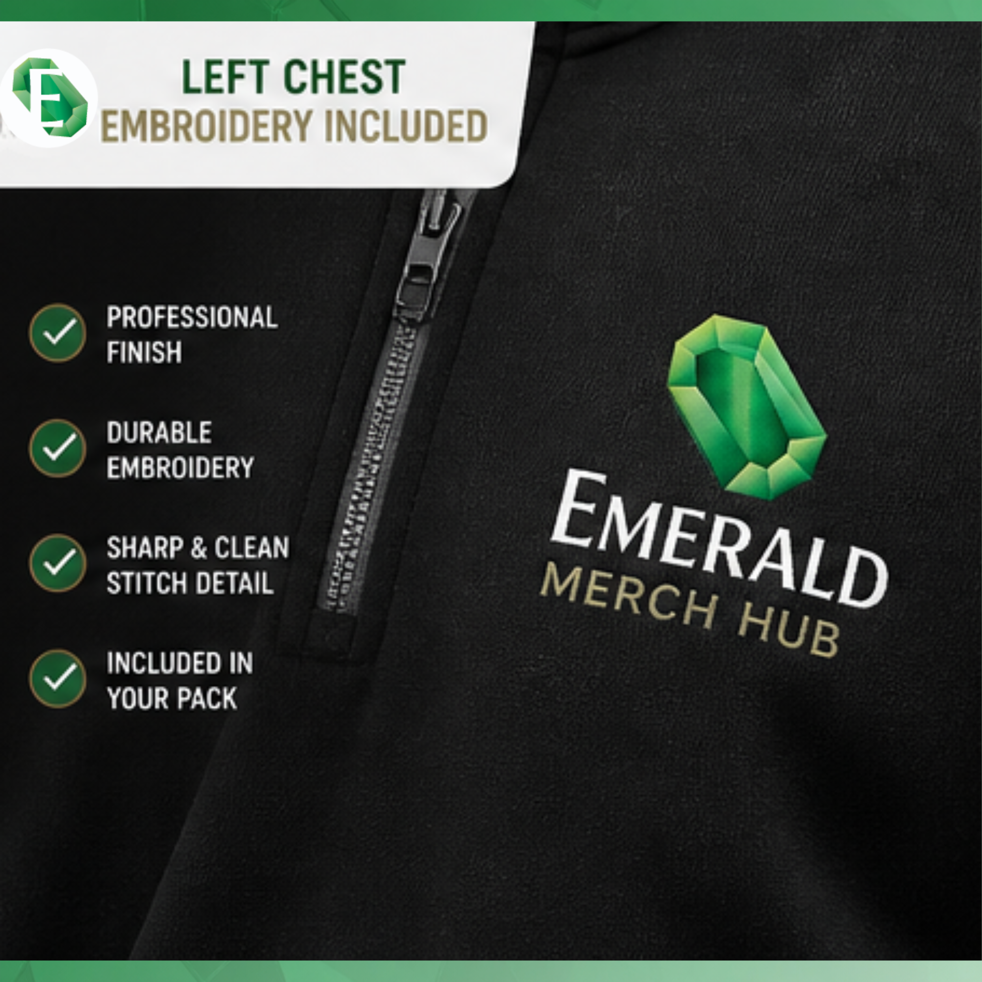 Close up embroidery logo on premium hoodie by Emerald Merch Hub