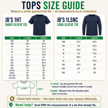 JB's 1HT T-shirt and 1LSNC long-sleeve tee size chart showing chest measurements by size in centimetres