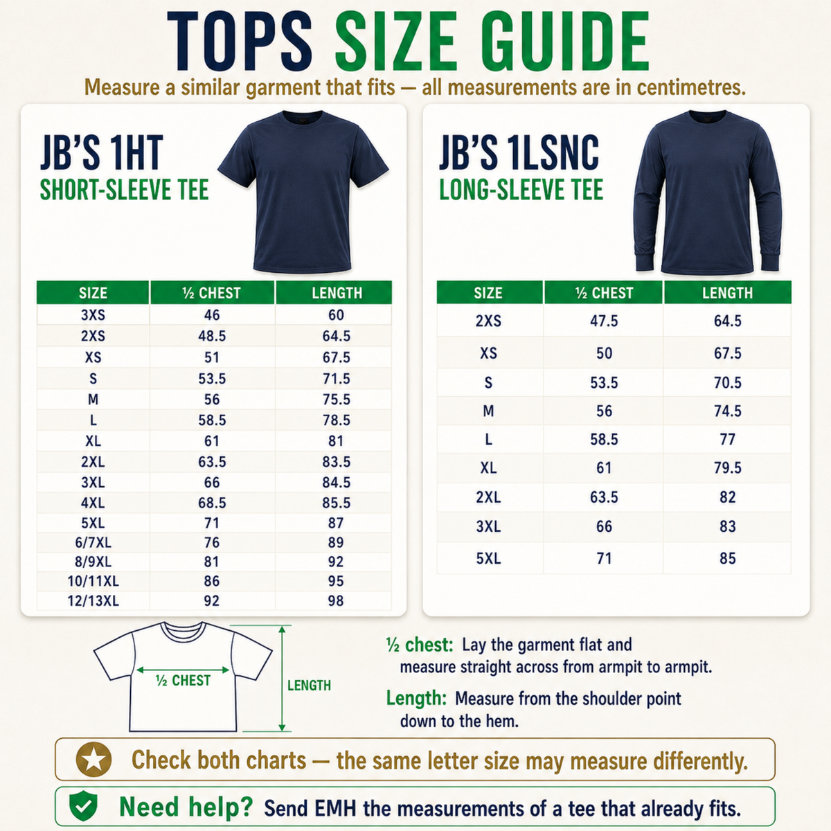 JB's 1HT T-shirt and 1LSNC long-sleeve tee size chart showing chest measurements by size in centimetres