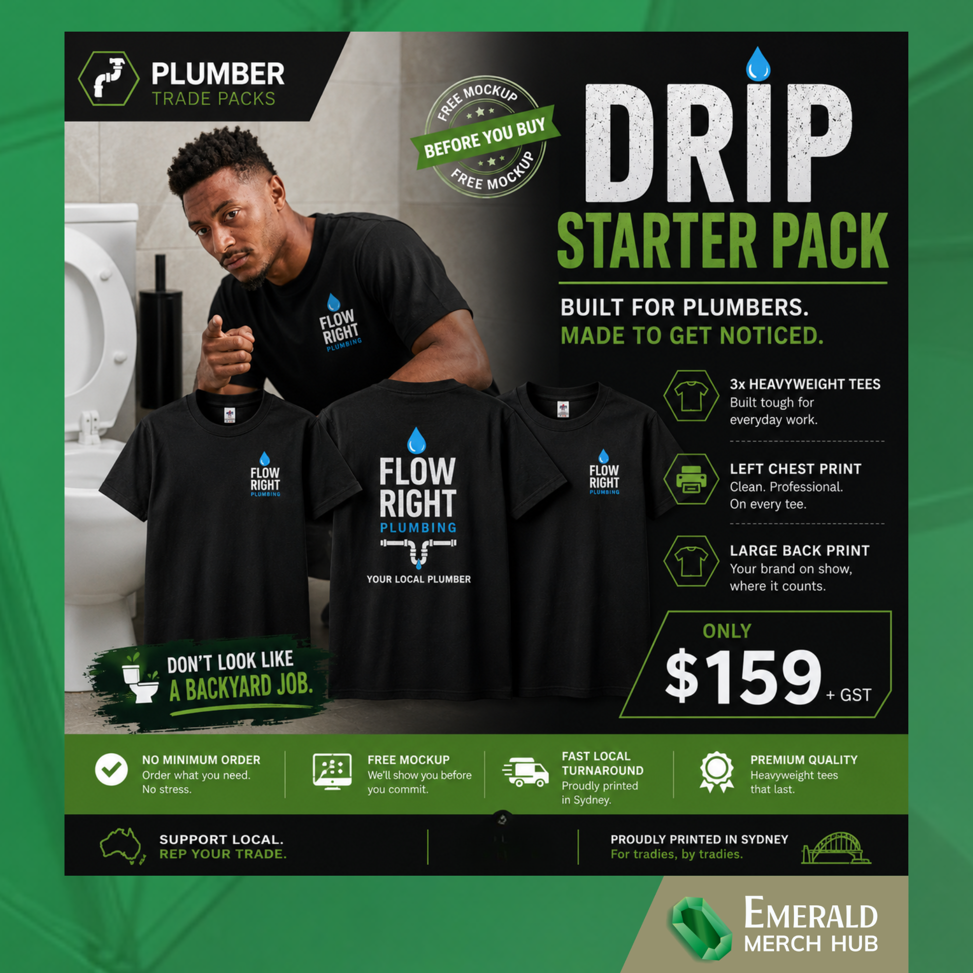 Custom plumbing workwear starter pack with 3 branded heavyweight tees featuring left chest and back print