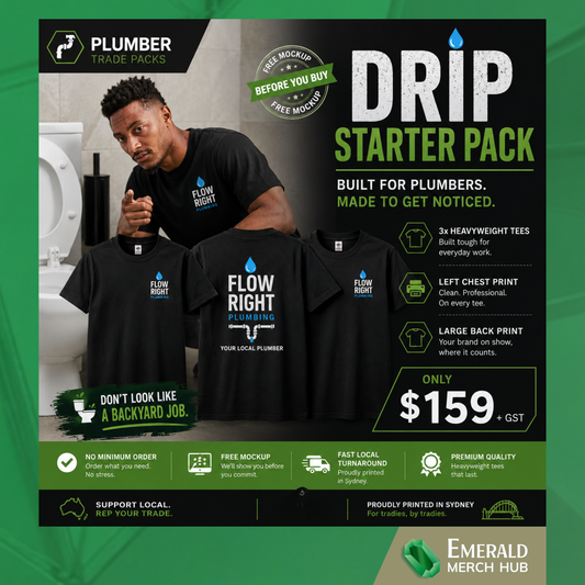 Custom plumbing workwear starter pack with 3 branded heavyweight tees featuring left chest and back print
