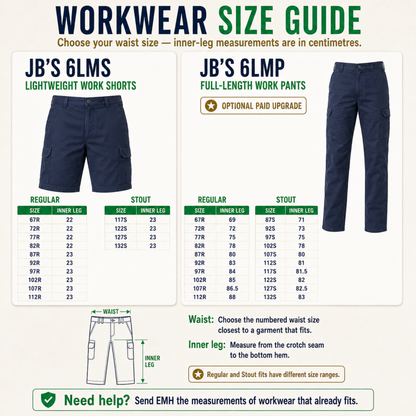JB's 6LMS work shorts and 6LMP full-length work pants size chart showing waist and inner leg measurements in Regular and Stout fits