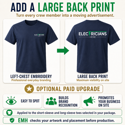 Comparison of left-chest embroidery and large back print on a navy T-shirt, an optional paid upgrade for the Electrician Summer Uniform Package