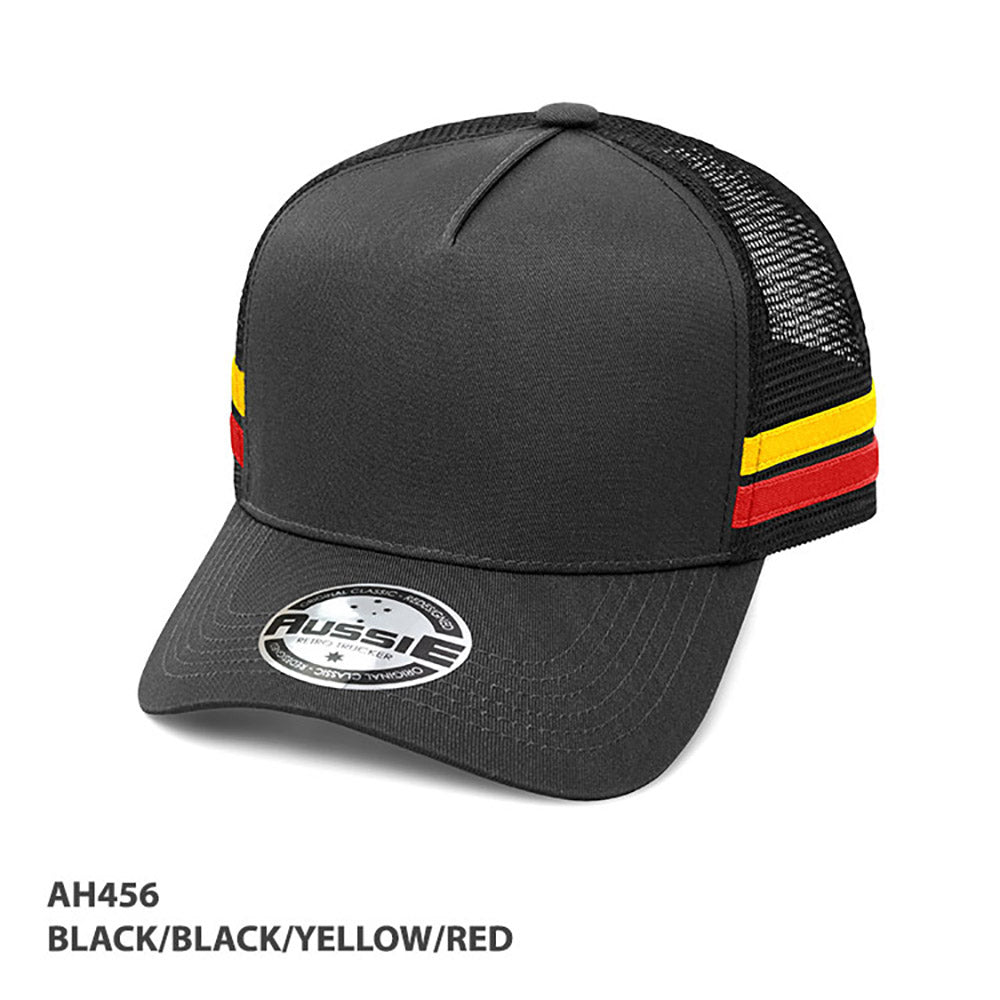 A-Frame Striped Trucker Cap – black/yellow/red